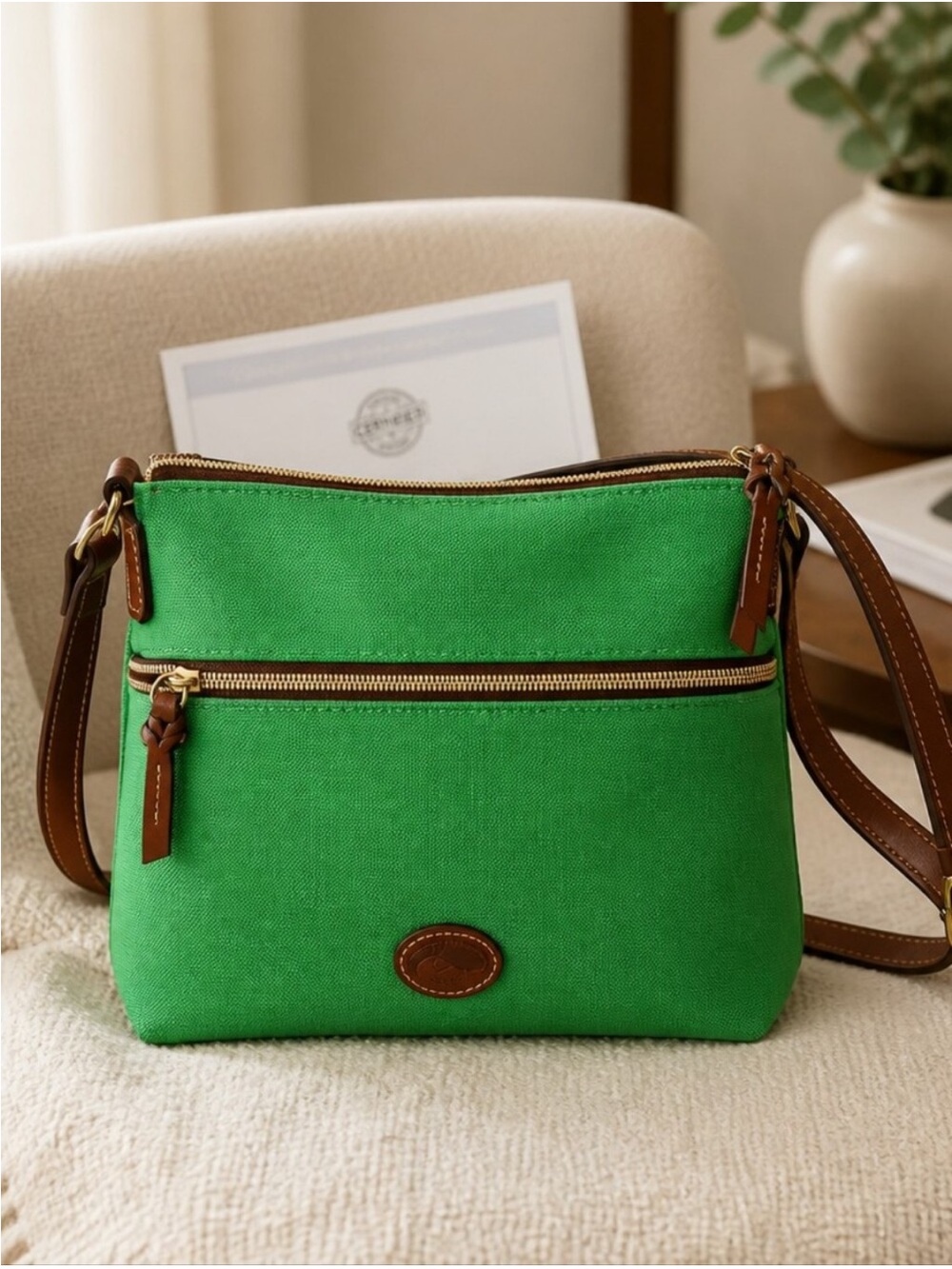 Dooney & Bourke Green Canvas Crossbody with Brown Leather Trim - Picture 1 of 10